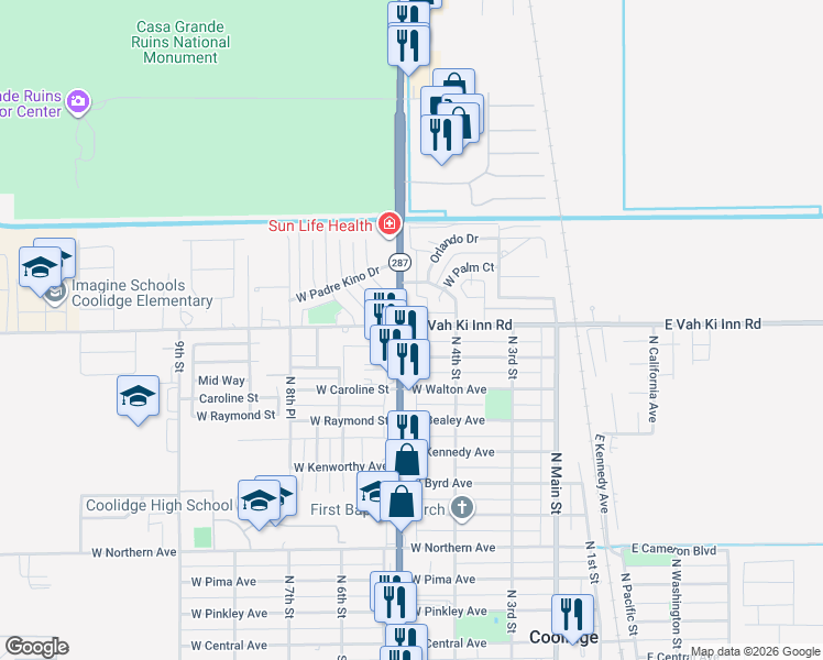 map of restaurants, bars, coffee shops, grocery stores, and more near 1087 North Arizona Boulevard in Coolidge