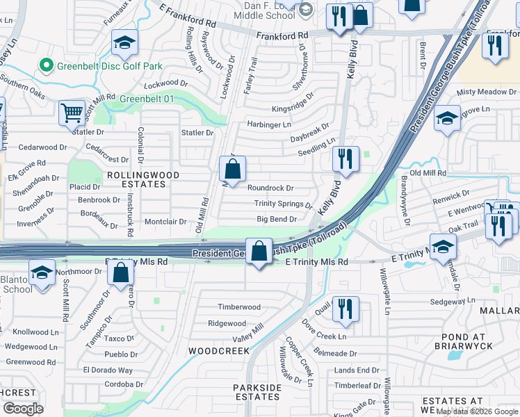 map of restaurants, bars, coffee shops, grocery stores, and more near 2226 Trinity Springs Drive in Carrollton