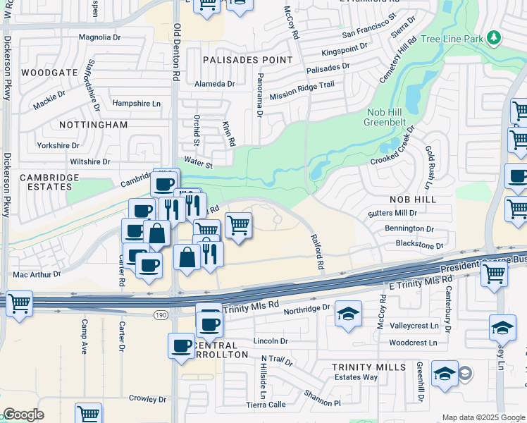 map of restaurants, bars, coffee shops, grocery stores, and more near 1100 Raiford Road in Carrollton