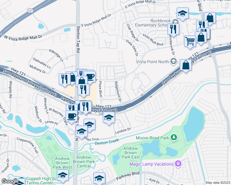 map of restaurants, bars, coffee shops, grocery stores, and more near 2967 Florence Way in Lewisville
