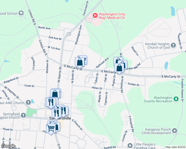 map of restaurants, bars, coffee shops, grocery stores, and more near 324 Augusta Alley in Sandersville
