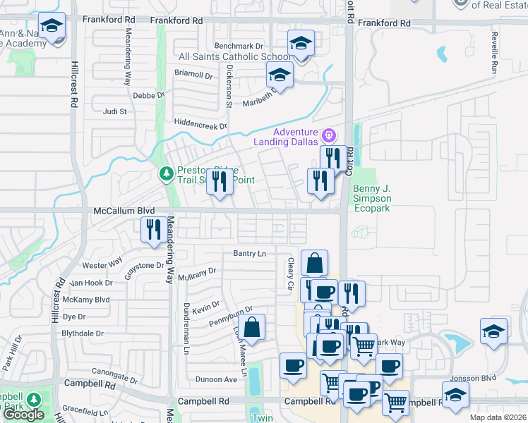 map of restaurants, bars, coffee shops, grocery stores, and more near 7795 McCallum Boulevard in Dallas