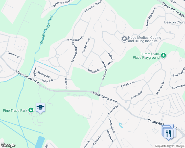 map of restaurants, bars, coffee shops, grocery stores, and more near 3353 Kirkwall Drive in Summerville
