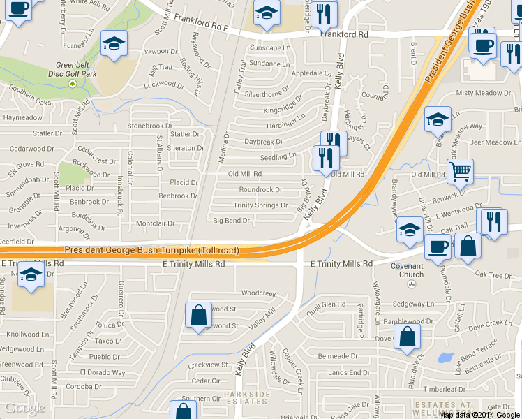 map of restaurants, bars, coffee shops, grocery stores, and more near 2226 Trinity Springs Drive in Carrollton