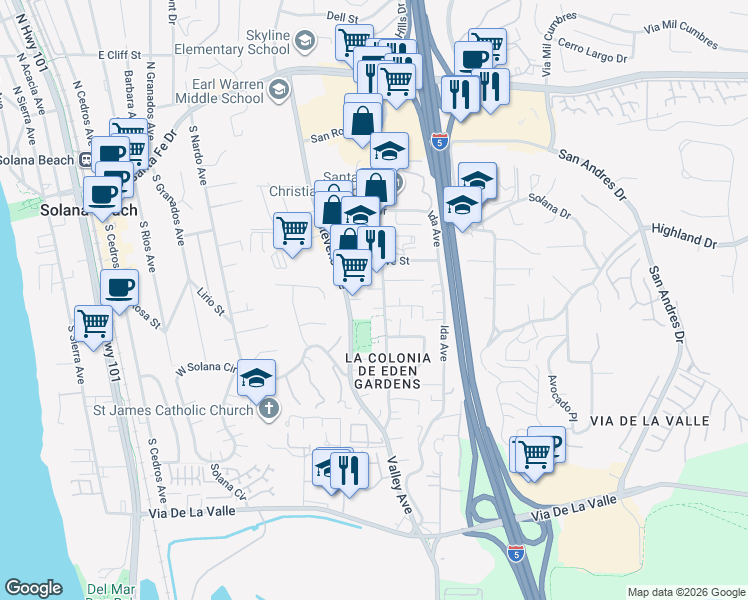map of restaurants, bars, coffee shops, grocery stores, and more near 649 Valley Avenue in Solana Beach