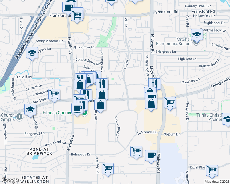 map of restaurants, bars, coffee shops, grocery stores, and more near 3637 East Trinity Mills Road in Dallas