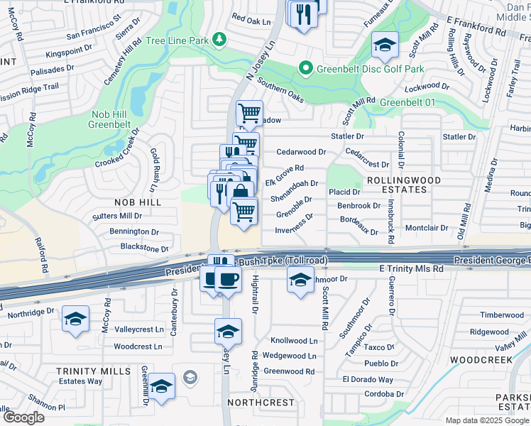 map of restaurants, bars, coffee shops, grocery stores, and more near 2621 Elk Grove Road in Carrollton
