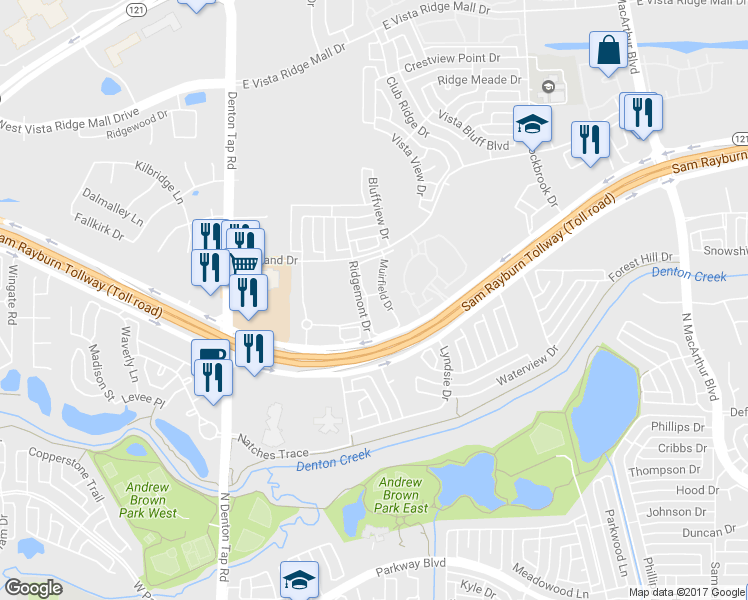 map of restaurants, bars, coffee shops, grocery stores, and more near 204 Inverness Drive in Lewisville