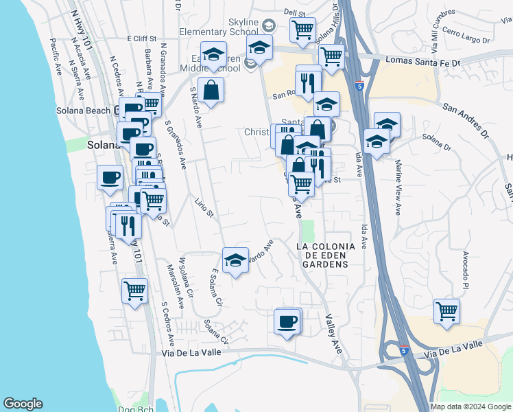 map of restaurants, bars, coffee shops, grocery stores, and more near 611 Fresca Street in Solana Beach