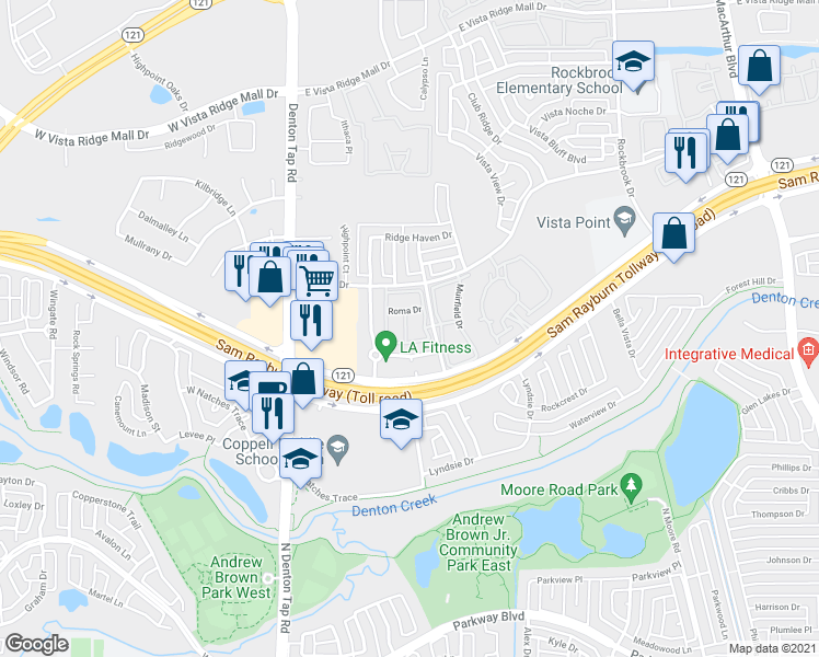map of restaurants, bars, coffee shops, grocery stores, and more near 2967 Florence Way in Lewisville