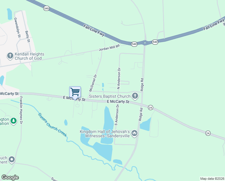 map of restaurants, bars, coffee shops, grocery stores, and more near 185 Anderson Lane in Sandersville