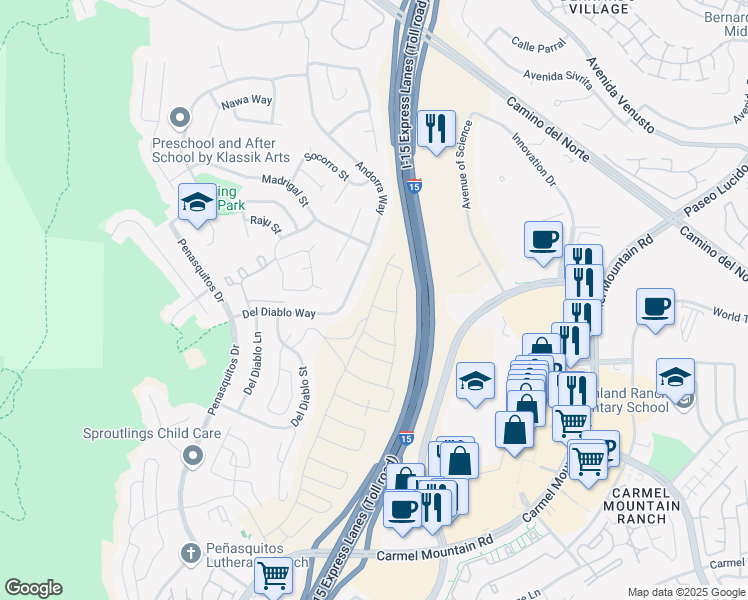 map of restaurants, bars, coffee shops, grocery stores, and more near 15366 Junipers Drive in San Diego