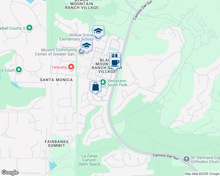 map of restaurants, bars, coffee shops, grocery stores, and more near 14605 Via Bettona in San Diego