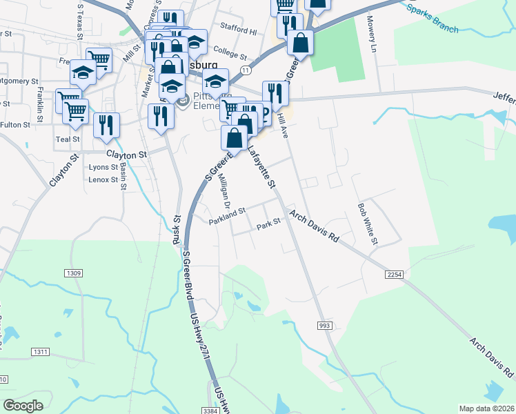 map of restaurants, bars, coffee shops, grocery stores, and more near 113 Parkland Street in Pittsburg