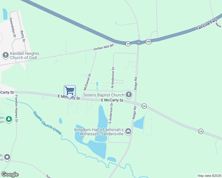 map of restaurants, bars, coffee shops, grocery stores, and more near 185 Anderson Lane in Sandersville