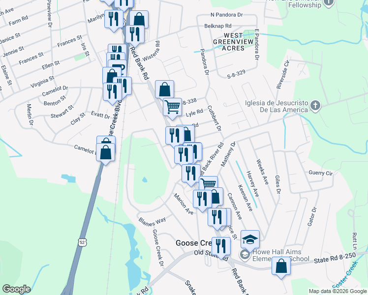 map of restaurants, bars, coffee shops, grocery stores, and more near 213 Red Bank Road in Goose Creek