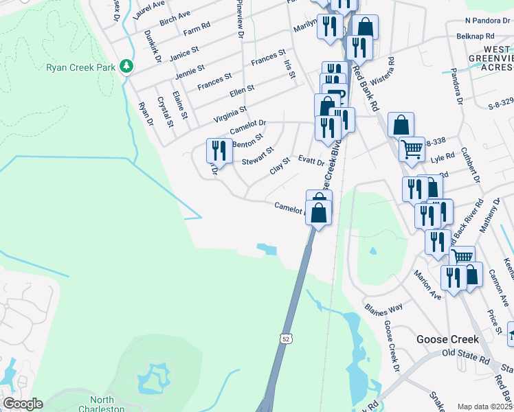 map of restaurants, bars, coffee shops, grocery stores, and more near 350 Camelot Drive in Goose Creek
