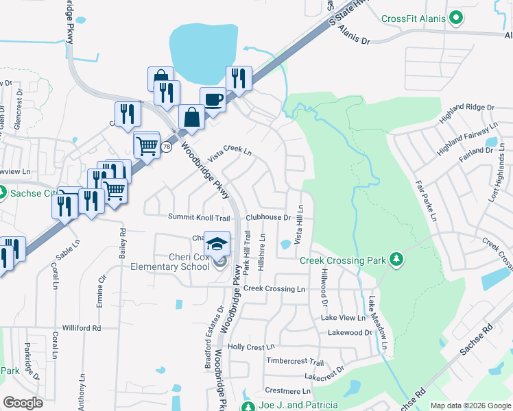 map of restaurants, bars, coffee shops, grocery stores, and more near 5816 Vista Park Lane in Sachse