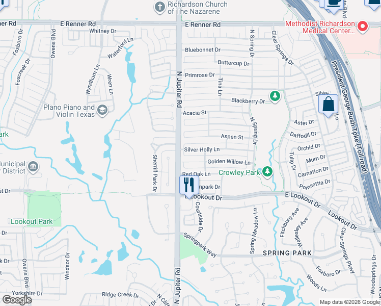 map of restaurants, bars, coffee shops, grocery stores, and more near 2208 Silver Holly Lane in Richardson