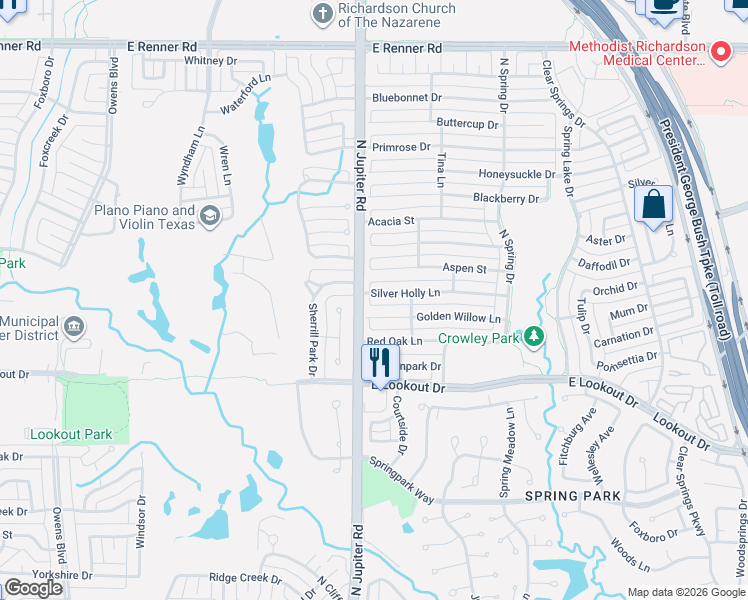 map of restaurants, bars, coffee shops, grocery stores, and more near 2208 Silver Holly Lane in Richardson