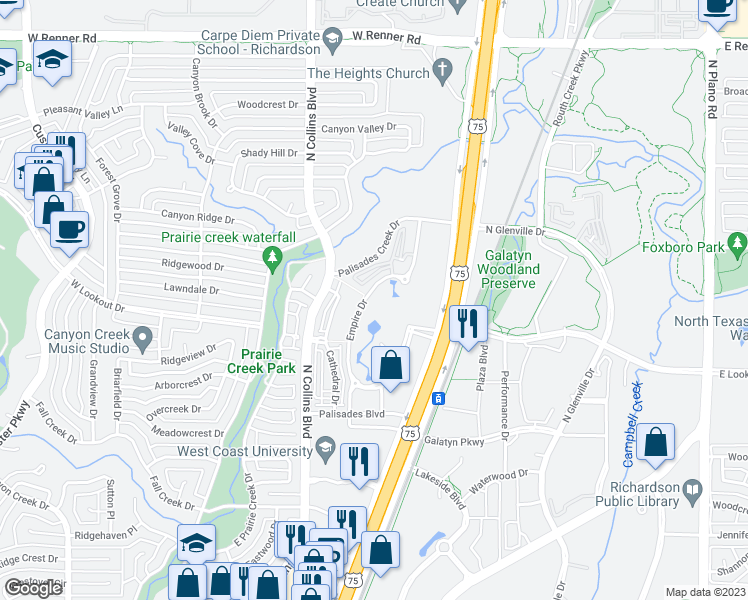 map of restaurants, bars, coffee shops, grocery stores, and more near 2510 Empire Drive in Richardson