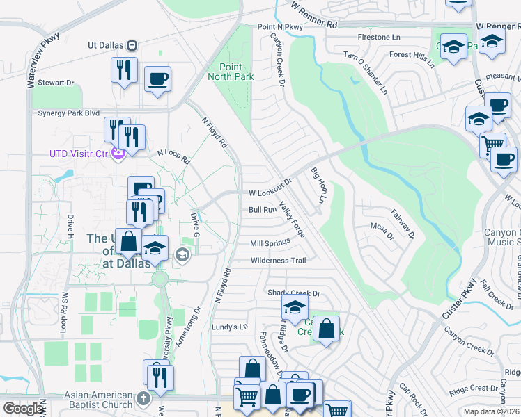 map of restaurants, bars, coffee shops, grocery stores, and more near 1134 Bull Run in Richardson