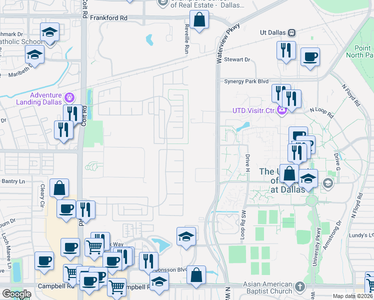 map of restaurants, bars, coffee shops, grocery stores, and more near 17394 Yellow Bells Drive in Dallas