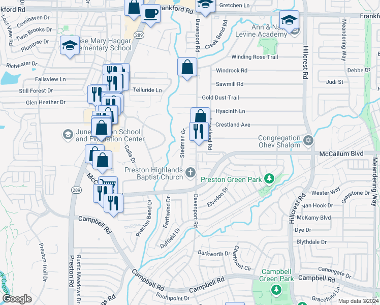 map of restaurants, bars, coffee shops, grocery stores, and more near 17241 Stedman Drive in Dallas
