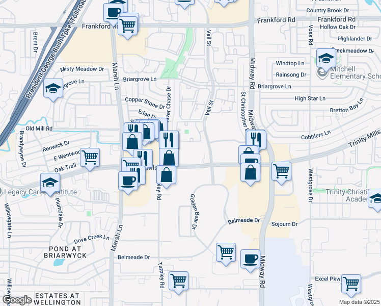 map of restaurants, bars, coffee shops, grocery stores, and more near 3637 East Trinity Mills Road in Dallas
