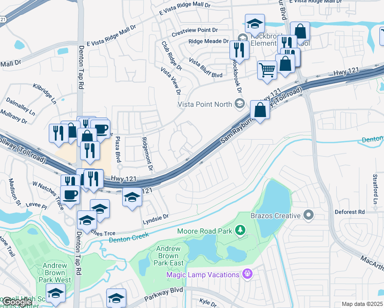 map of restaurants, bars, coffee shops, grocery stores, and more near 351 Texas 121 Bypass in Lewisville
