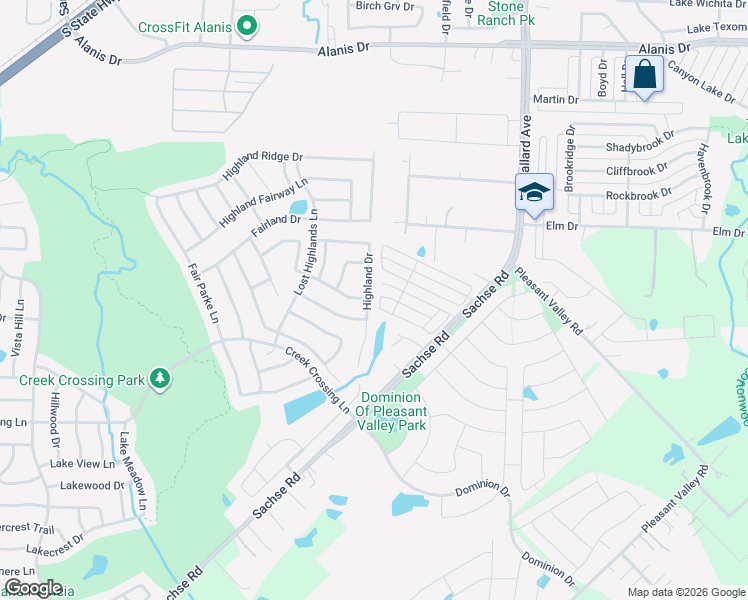 map of restaurants, bars, coffee shops, grocery stores, and more near 2101 Highland Drive in Wylie