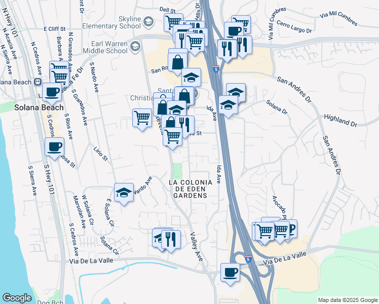 map of restaurants, bars, coffee shops, grocery stores, and more near 649 Valley Avenue in Solana Beach