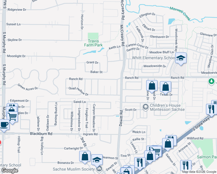 map of restaurants, bars, coffee shops, grocery stores, and more near 7215 Canary Lane in Sachse