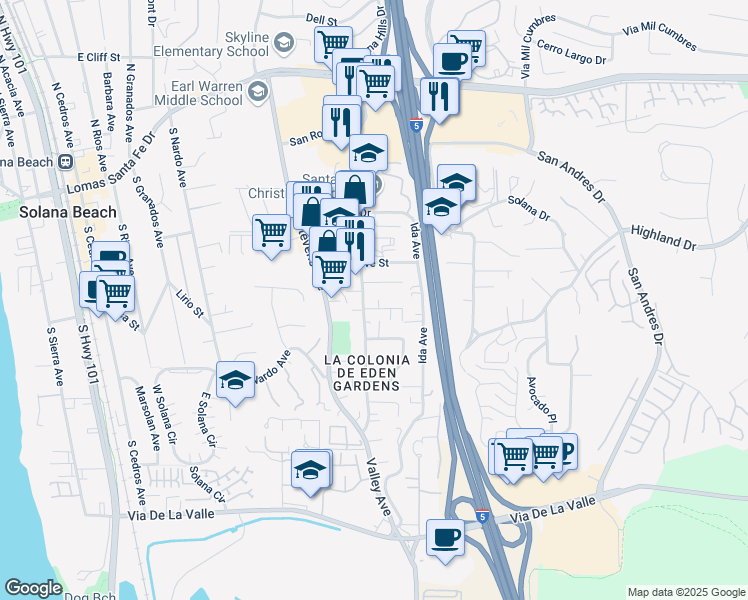 map of restaurants, bars, coffee shops, grocery stores, and more near 644 Valley Avenue in Solana Beach