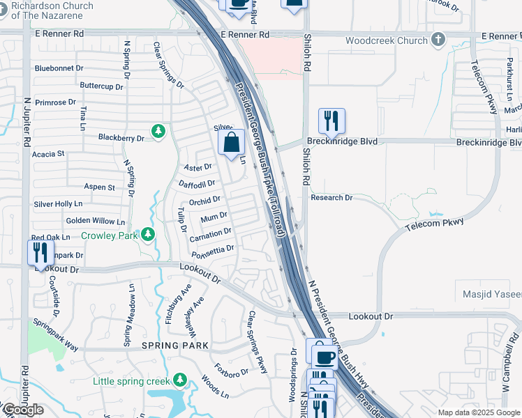 map of restaurants, bars, coffee shops, grocery stores, and more near 2710 Creekmere Drive in Richardson