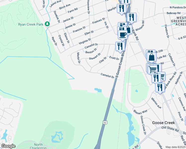 map of restaurants, bars, coffee shops, grocery stores, and more near 350 Camelot Drive in Goose Creek
