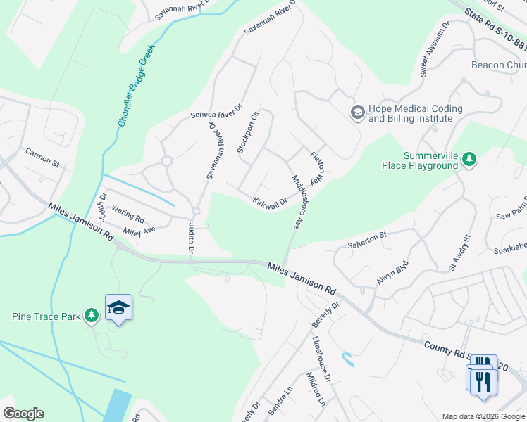 map of restaurants, bars, coffee shops, grocery stores, and more near 3353 Kirkwall Drive in Summerville