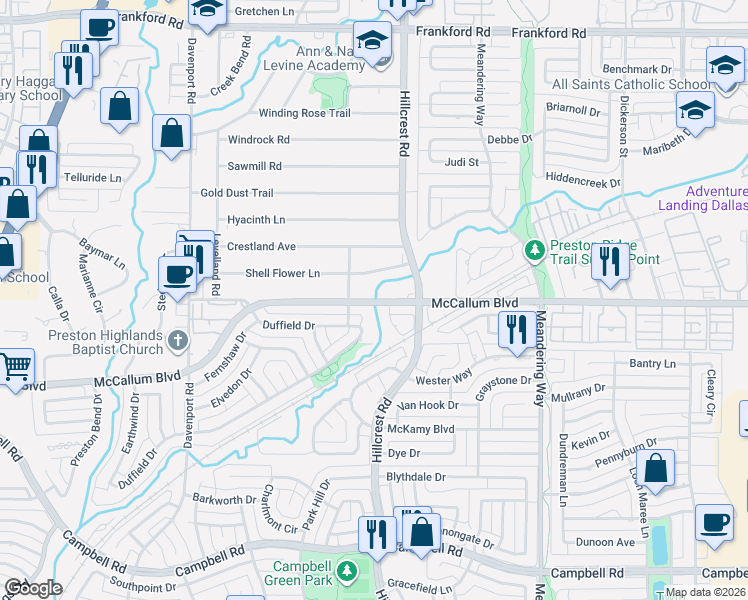 map of restaurants, bars, coffee shops, grocery stores, and more near McCallum Boulevard in Dallas