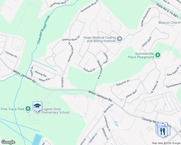 map of restaurants, bars, coffee shops, grocery stores, and more near 3353 Kirkwall Drive in Summerville