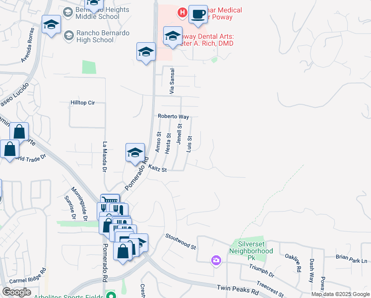 map of restaurants, bars, coffee shops, grocery stores, and more near 15120 Luis Street in Poway