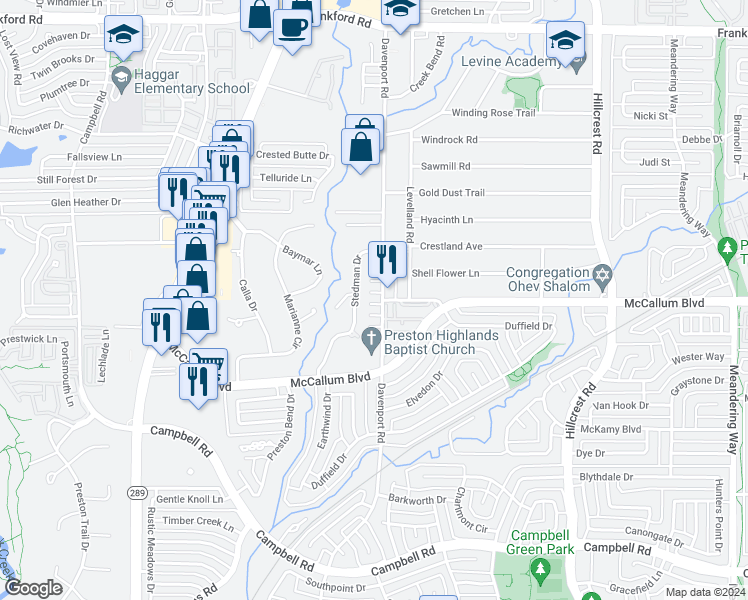 map of restaurants, bars, coffee shops, grocery stores, and more near 6405 Star Crossed Place in Dallas