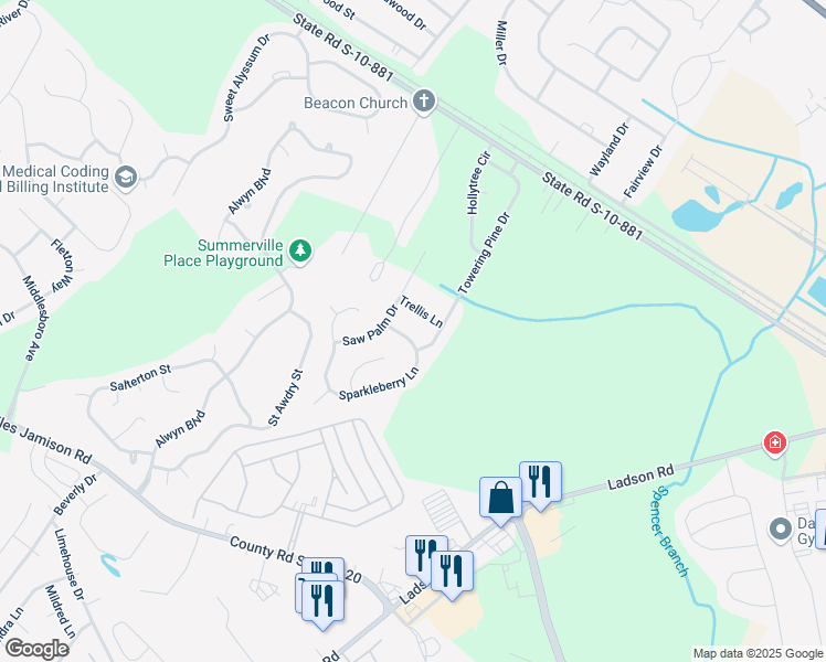 map of restaurants, bars, coffee shops, grocery stores, and more near 107 Sparkleberry Lane in Ladson