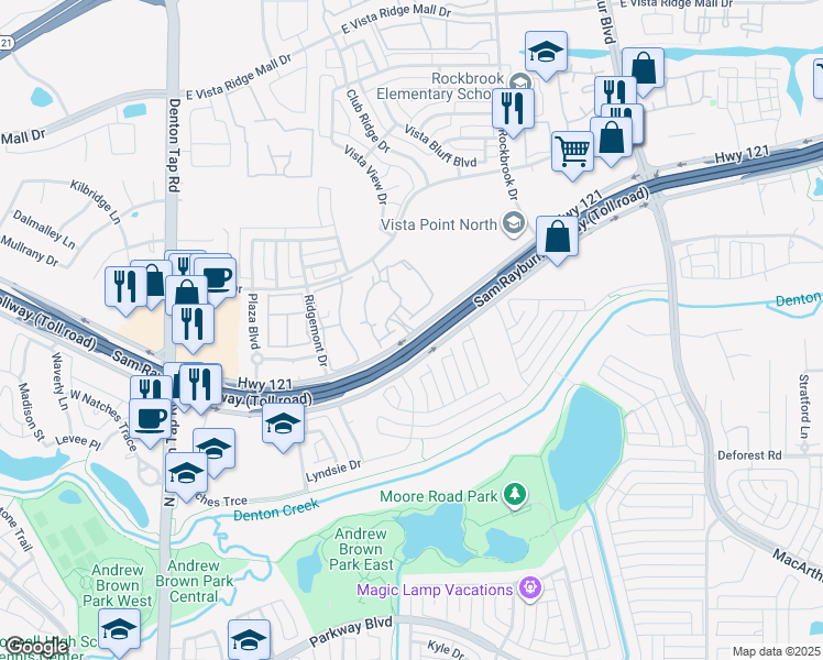 map of restaurants, bars, coffee shops, grocery stores, and more near 351 Texas 121 Bypass in Lewisville