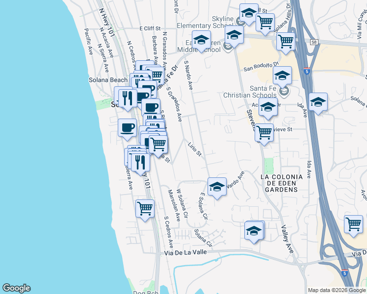 map of restaurants, bars, coffee shops, grocery stores, and more near 415 South Granados Avenue in Solana Beach