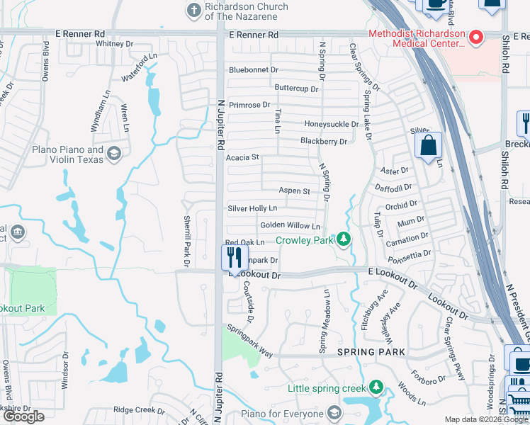 map of restaurants, bars, coffee shops, grocery stores, and more near 2302 Silver Holly Ln in Richardson