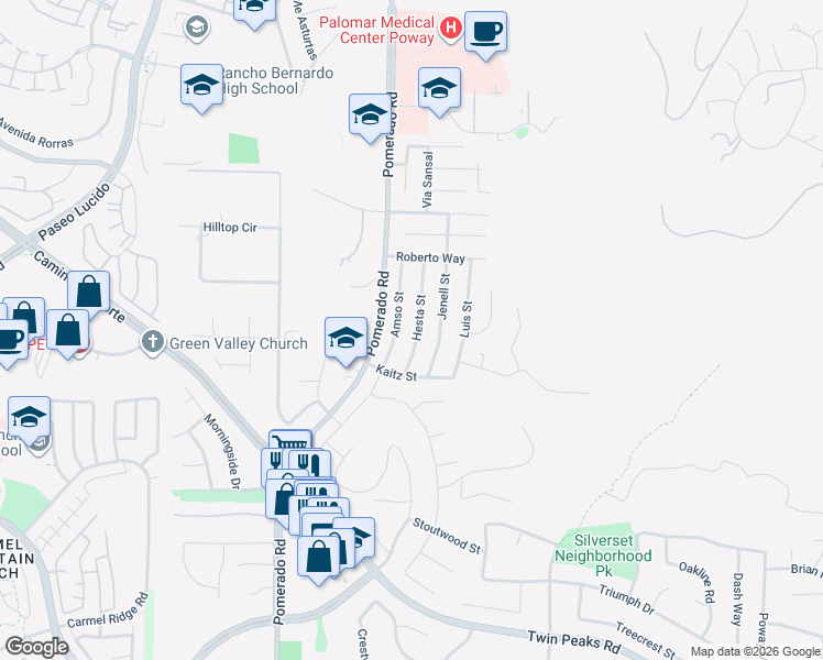 map of restaurants, bars, coffee shops, grocery stores, and more near 15118 Hesta Street in Poway