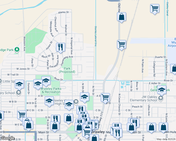 map of restaurants, bars, coffee shops, grocery stores, and more near 673 Armando Aviles St in Brawley
