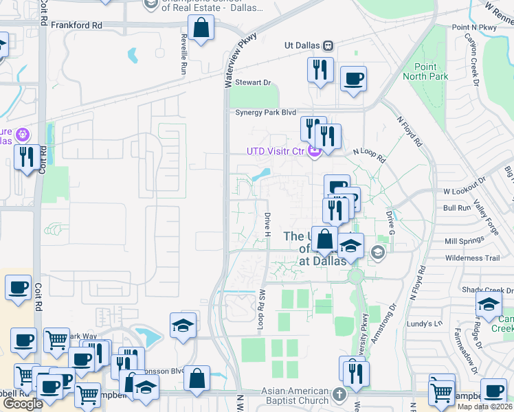 map of restaurants, bars, coffee shops, grocery stores, and more near 2700 Waterview Parkway in Richardson