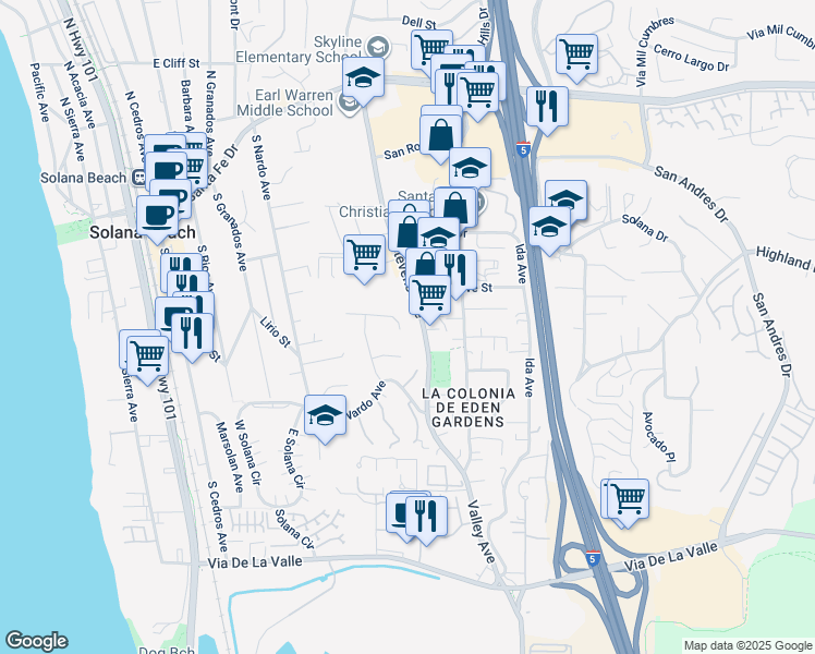 map of restaurants, bars, coffee shops, grocery stores, and more near 768 Sonrisa Street in Solana Beach