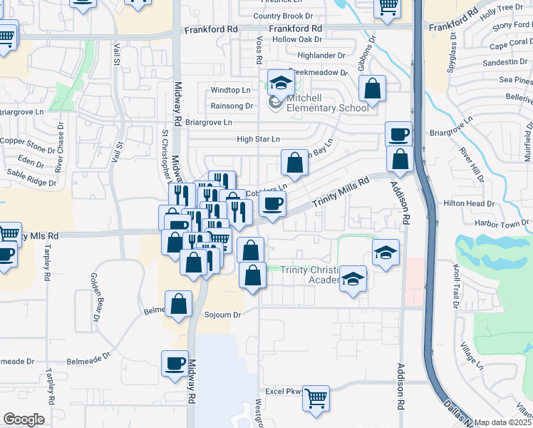 map of restaurants, bars, coffee shops, grocery stores, and more near 4204 Trinity Mills Road in Dallas